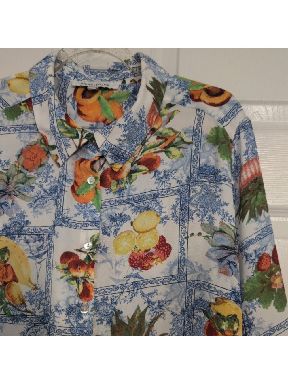 Rose & Olive Floral Fruit Shirt Womens Size XL Blue Patchwork Camp 3/4 Sleeves - Picture 2 of 9